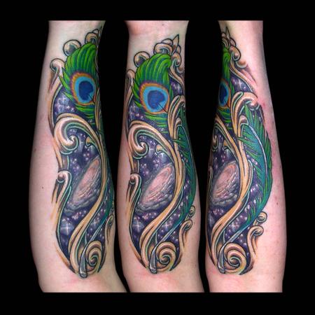 Tattoos - Aries symbol, peacock feather and outer space  - 65075